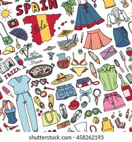 Fashion seamless pattern.Spain.Vector Women summer vacation wardrobe  illustration.Dress,clothes,accessories. Hand drawing fashionable doodle background,summer party.Sketches,design template