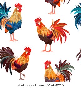 fashion seamless texture with colorful roosters 