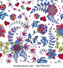 Fashion seamless texture with fantasy flowers. Vector hand drawing seamless pattern. Bright red green blue on white background.