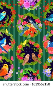 fashion seamless texture with floral wreaths against dark field and white polka dot . cute birds and flying butterflies in round frames with flowers on striped green background.