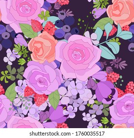 fashion seamless texture with lilac roses, summer forest berries and cute floral twigs for your design