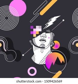 Сool fashion seamless 
vaporwave synthwave surrealistic futuristic pattern of an antique 80s retro sculpture head on a dark background with neon geometric elements. Flat stock vector graphic arts.