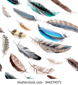 Fashion seamless vector background with blue white and brown  feathers in realistic style for design