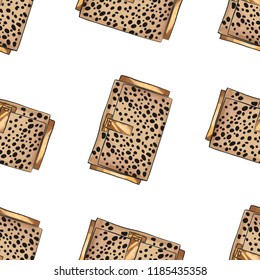 Fashion Seamless vector background with women fashion clutch bags, handbags with trendy leopard print. Vector illustration. Seamless pattern can be used for textile, web design, surface textures