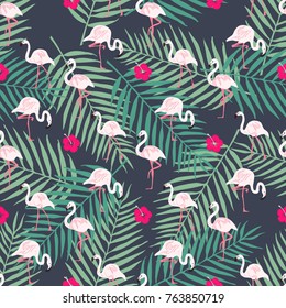 Fashion seamless vector pattern. Flamingo pattern. Tropical bird and leaf, flower