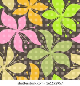 Fashion Seamless Vector Pattern: Flowers with Repeated Squares on Gray. Textile Design
