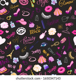 Fashion seamless vector pattern on black background. Illustration of lipsticks, brushes, mirror, ladies shoes and jewelry. Makeup and parfume fashionable items. Morden fashion backdrop.