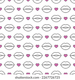 Patrón vectorial sin fisuras de moda. Coros rosados y elementos labiales con contornos negros sobre el fondo blanco. Fondo creativo para diseños modernos, impresiones, textiles, telas, papel pintado, envolturas.