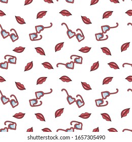 fashion Seamless vector Pattern with red lips & heart shape summer eyeglass. colorful Endless print with eyewear and smile. Flat illustration in hand drawn style on white backdrop. package design 