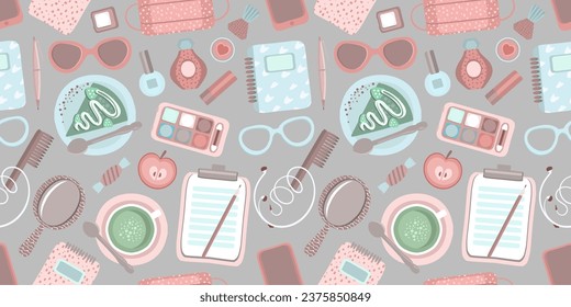 Fashion seamless vector pattern with women's accessories, cosmetics, gadgets, etc.