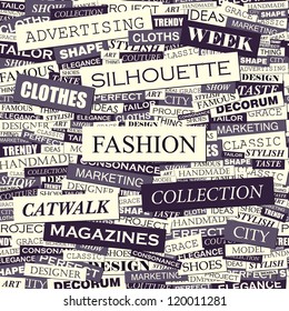 FASHION. Seamless vector pattern. Word collage. Vector illustration.