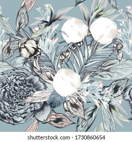 Fashion seamless vector textile pattern with white peony flowers and palm leaves in vintage style