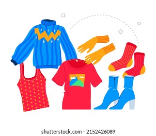 Fashion and seasonal clothing - modern colored vector poster on white background with winter sweater, gloves, socks, shoes, summer t-shirt. Shopping in a boutique, sale, laundry and fabric idea