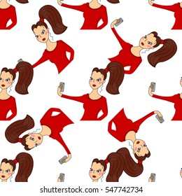 fashion selfie illustration with a cute young girl taking a selfie on her phone, seamless pattern