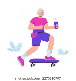 Fashion senior man rides a skateboard with a glass of drink. An elderly man having fun. Active Aging. Flat vector illustration of happy grandfather in shorts and with a beard.