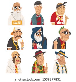 Fashion Senior Men Set, Old Man Characters Wearing Trendy Clothes Vector Illustration