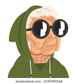 Fashion Senior Woman Wearing Hoodie and Sunglasses, Old Lady Character Wearing Trendy Clothes Vector Illustration