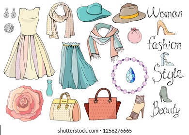 Fashion set of accessories and clothing. lettering