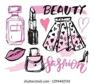 Fashion set art - hand drawn doodle background poster banner