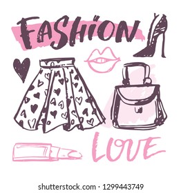 Fashion set art - hand drawn doodle background poster banner