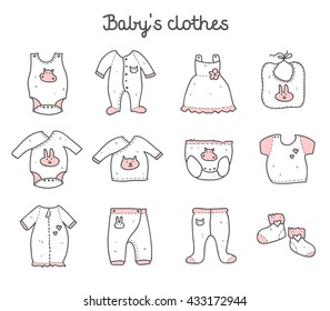 Fashion set of  baby clothing icons. Wear for girl. It can be used for web, shop, catalog, showcase, website, brand book. 