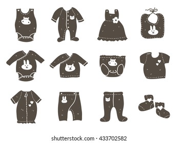 Fashion set of  baby clothing icons. Wear for children. It can be used for web, shop, catalog, showcase, website, brand book.  
