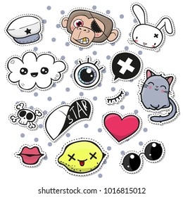 Fashion set of cartoon patch badges or pin badges on a gray background