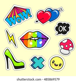 Fashion set of cartoon patch badges or pin badges