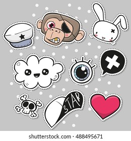 Fashion set of cartoon patch badges or pin badges on a gray background