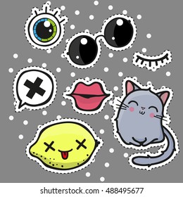 Fashion set of cartoon patch badges or pin badges on a gray background