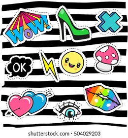 Fashion set of cartoon patch badges or pin badges