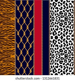 Fashion set with chains, ropes and animal prints. Seamless vector pattern with jewelry elements and different textures. leopard spots, zebra stripes. On black background.