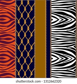 Fashion set with chains, ropes and animal prints. Seamless vector pattern with jewelry elements and different textures. Tiger and zebra stripes. On black background.