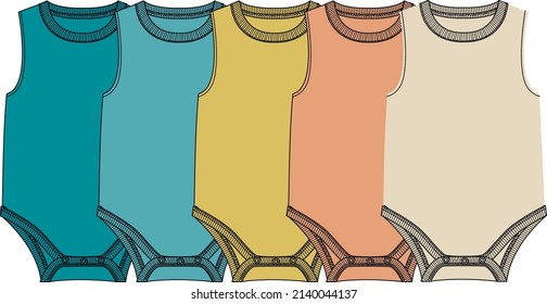 Fashion set: colored newborn bodysuits. Fashion illustration. Technical drawing