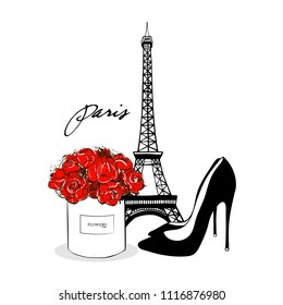 Fashion set composition of peonies red flowers in box, Shoes and Eiffel Tower. Artistic Vector illustration. Gorgeous Composition in red and black colors. Paris Fashion Poster