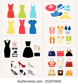 Fashion set. Dresses, bags, shoes, hats. 