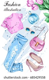 Fashion set with flowers, summer clothes, bag, sunglasses, shoes and perfume. Stylish summer clothing. Sketch. Vector illustration.