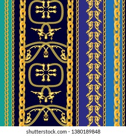 Fashion set with golden chains and classical prints. Vertical seamless border with oriental motifs. Black, blue.