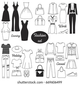Fashion set. Hand drawing style. Clothes for the evening, work, vacation, casual.