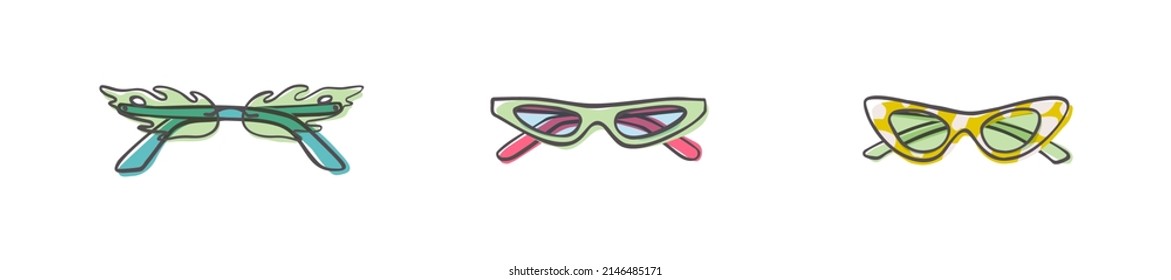 Fashion set of hand drawn cartoon trendy sunglasses in many shapes and styles isolated on white background. Summer time concept. Vector illustration EPS10