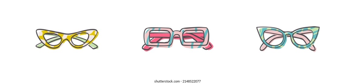 Fashion set of hand drawn cartoon trendy sunglasses in many shapes and styles isolated on white background. Summer time concept. Vector illustration EPS10