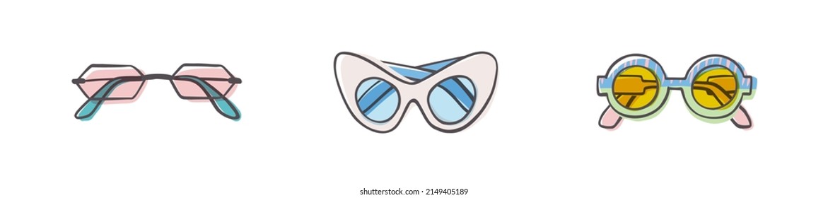 Fashion set of hand drawn cartoon trendy sunglasses in many shapes and styles isolated on white background. Summer time concept. Vector illustration EPS10