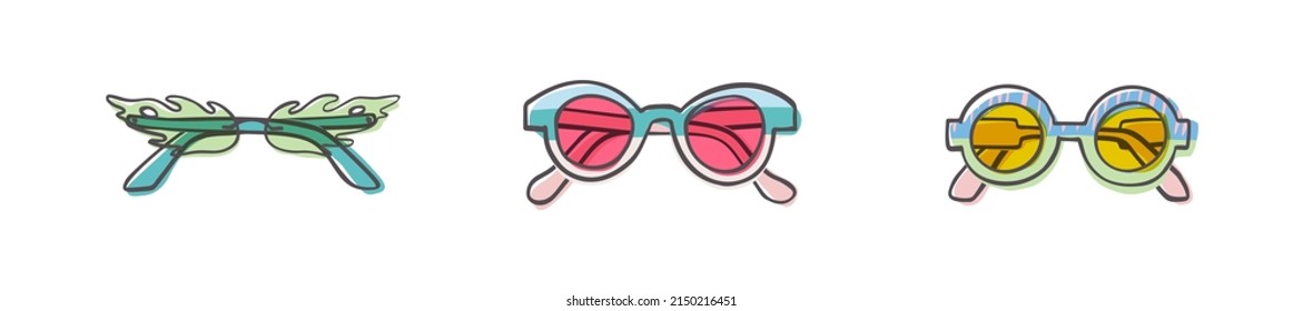 Fashion set of hand drawn cartoon trendy sunglasses in many shapes and styles isolated on white background. Summer time concept. Vector illustration EPS10