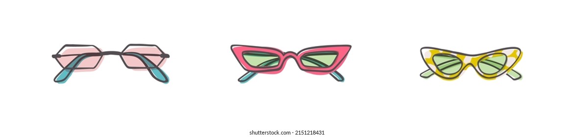 Fashion set of hand drawn cartoon trendy sunglasses in many shapes and styles isolated on white background. Summer time concept. Vector illustration EPS10