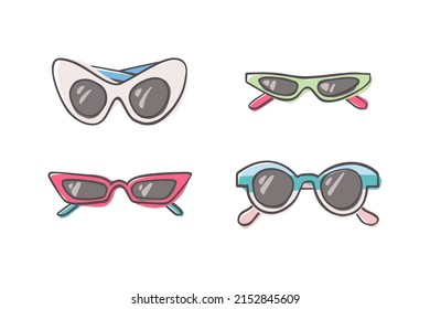 Fashion set of hand drawn cartoon trendy sunglasses in many shapes and styles isolated on white background. Summer time concept. Vector illustration EPS10