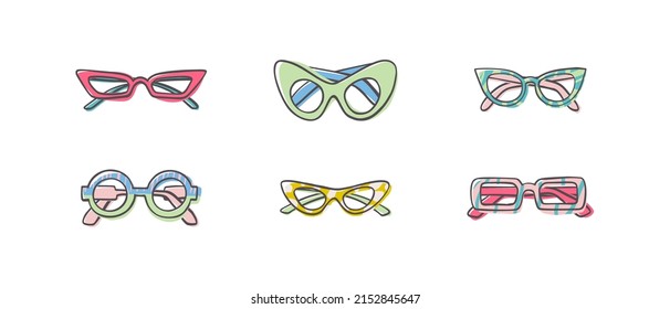 Fashion set of hand drawn cartoon trendy sunglasses in many shapes and styles isolated on white background. Summer time concept. Vector illustration EPS10