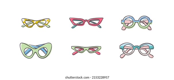 Fashion set of hand drawn cartoon trendy sunglasses in many shapes and styles isolated on white background. Summer time concept. Vector illustration EPS10