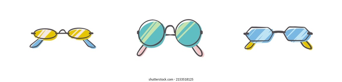 Fashion set of hand drawn cartoon trendy sunglasses in many shapes and styles isolated on white background. Summer time concept. Vector illustration EPS10