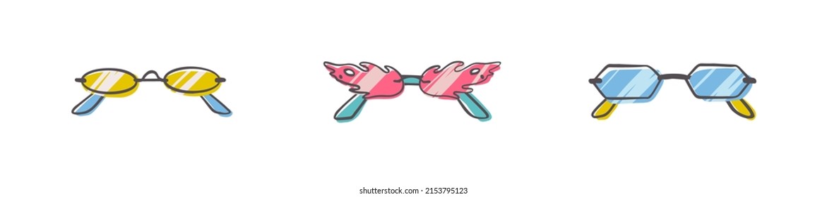 Fashion set of hand drawn cartoon trendy sunglasses in many shapes and styles isolated on white background. Summer time concept. Vector illustration EPS10