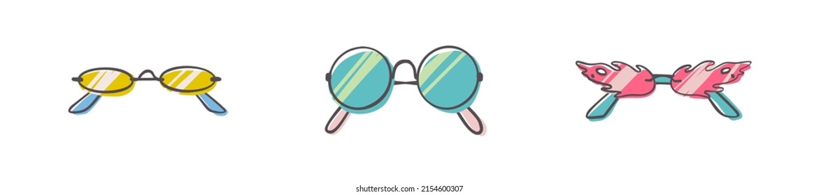 Fashion set of hand drawn cartoon trendy sunglasses in many shapes and styles isolated on white background. Summer time concept. Vector illustration EPS10
